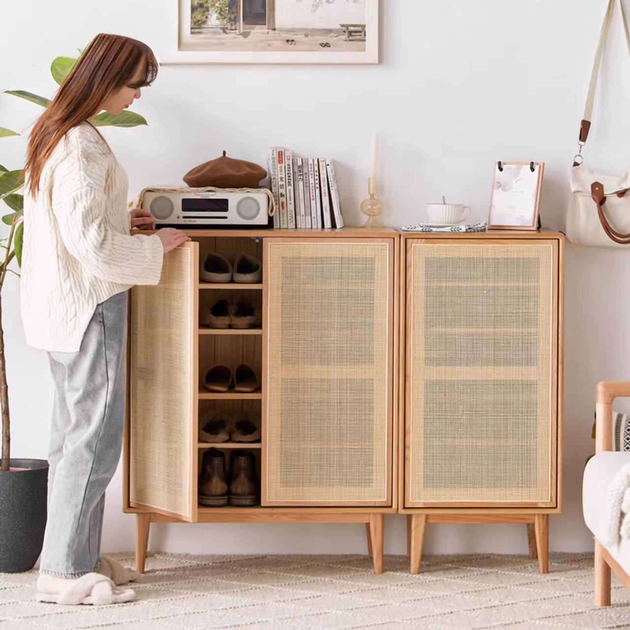Household Entrance Shoe Cabinet, Solid Wood Rattan Storage Cabinet, Small Household Entrance Cabinet