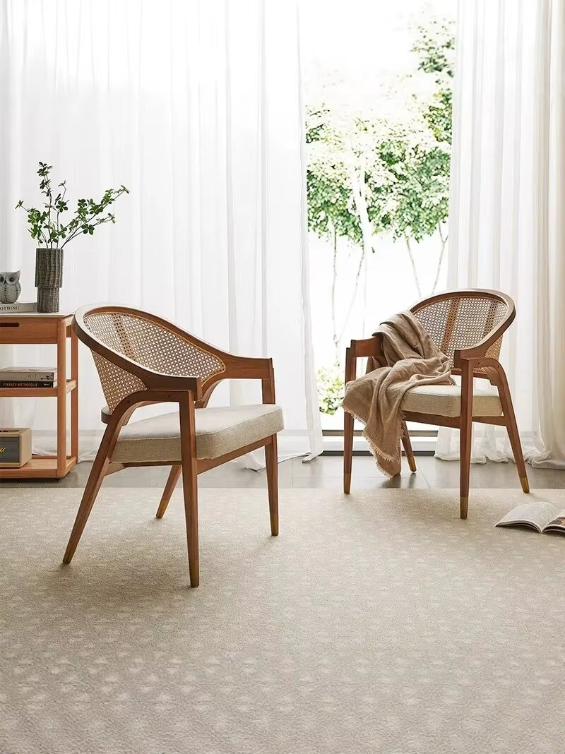 Nordic Retro Dining Chair Solid Wood Rattan Woven Chair Restaurant Casual Soft Bag Armchair Single Rattan Chair