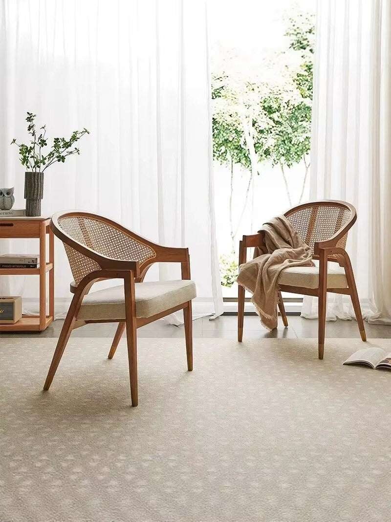 Nordic Retro Dining Chair Solid Wood Rattan Woven Chair Restaurant Casual Soft Bag Armchair Single Rattan Chair