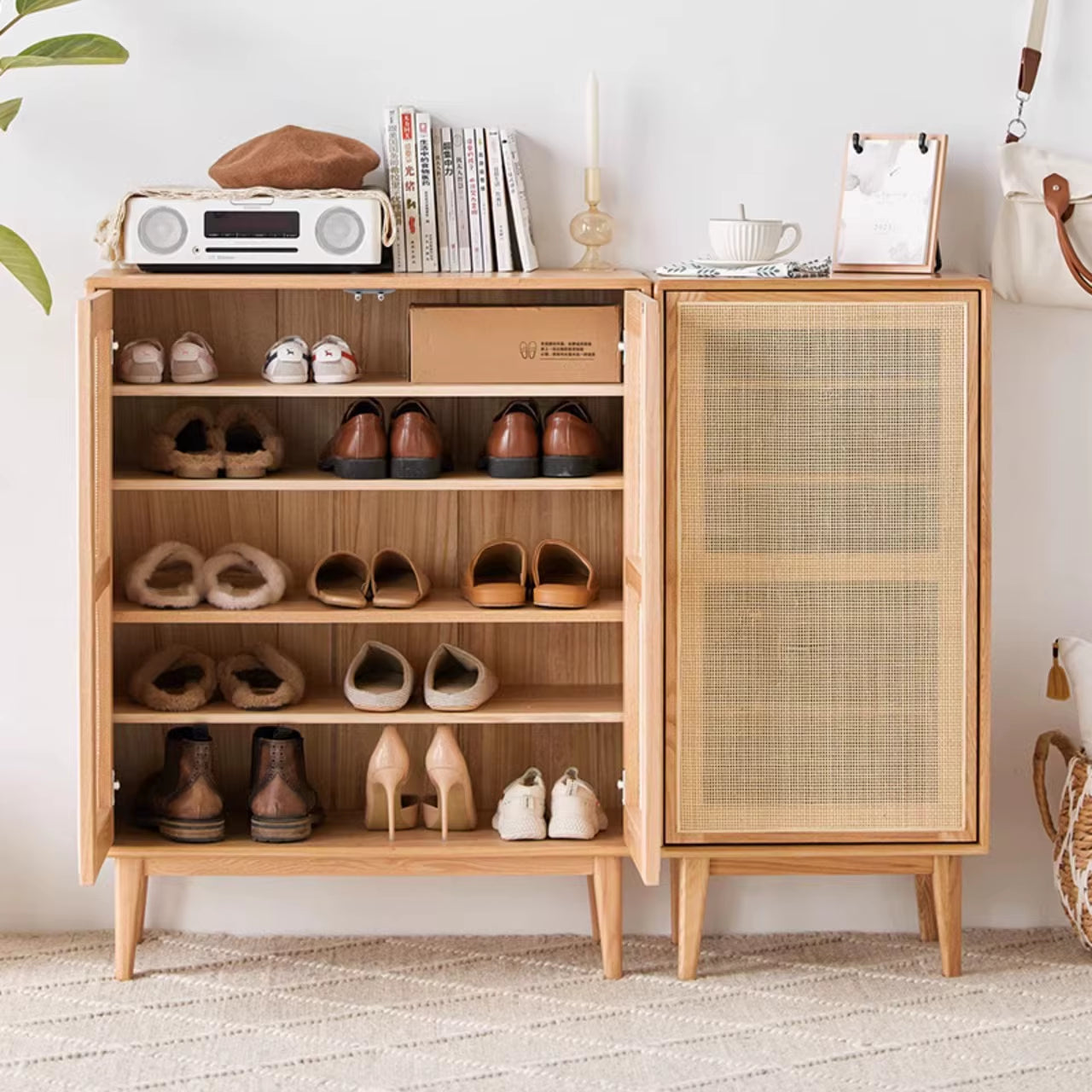Household Entrance Shoe Cabinet, Solid Wood Rattan Storage Cabinet, Small Household Entrance Cabinet
