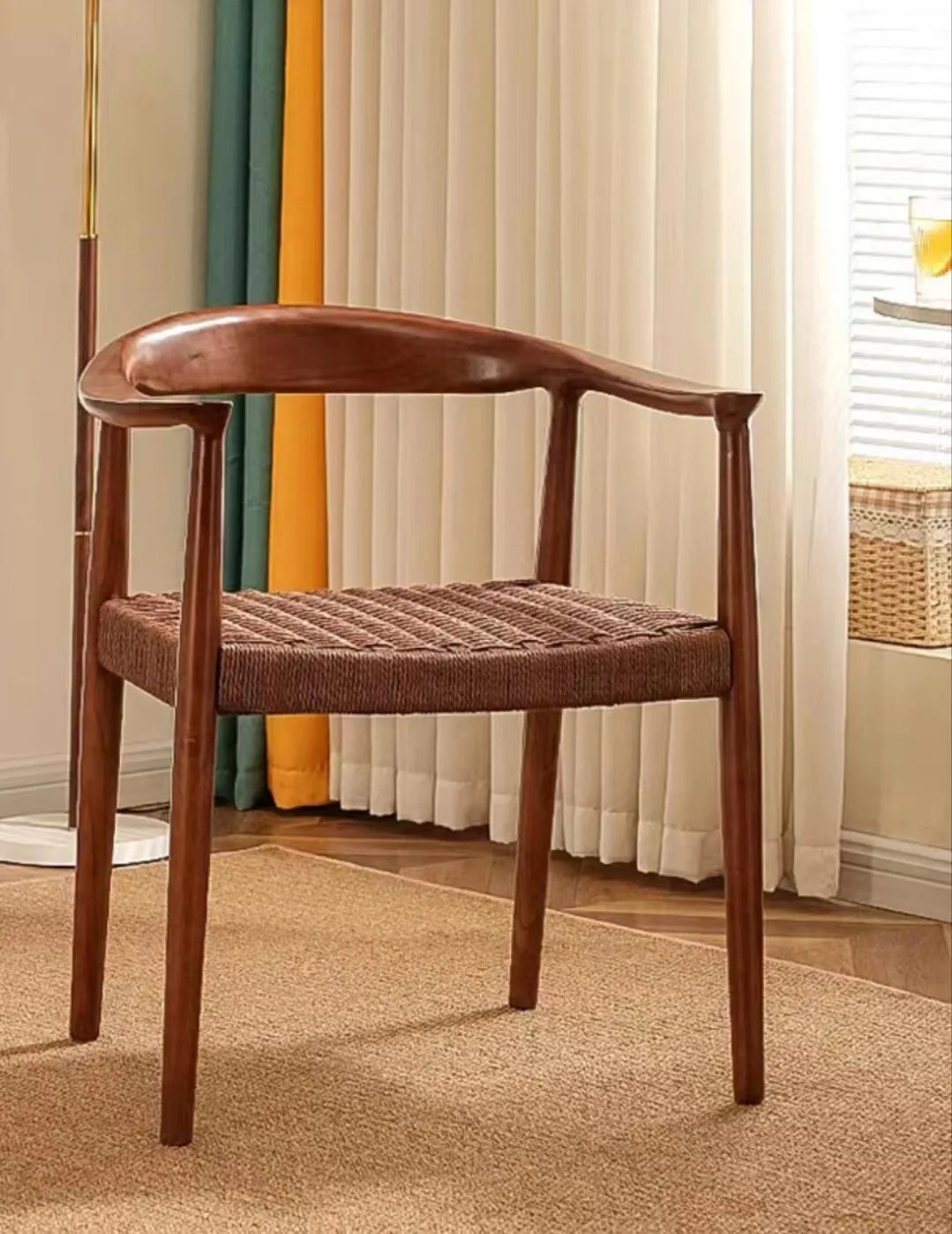 Wholesale Solid Natural Wood Color Restaurant Hotel Luxury Modern Rattan Dining Chair with Arms Wooden Dining Room Chairs