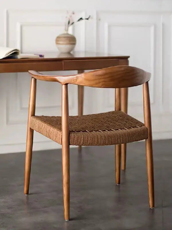 Wholesale Solid Natural Wood Color Restaurant Hotel Luxury Modern Rattan Dining Chair with Arms Wooden Dining Room Chairs