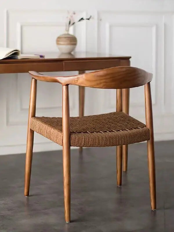 Wholesale Solid Natural Wood Color Restaurant Hotel Luxury Modern Rattan Dining Chair with Arms Wooden Dining Room Chairs