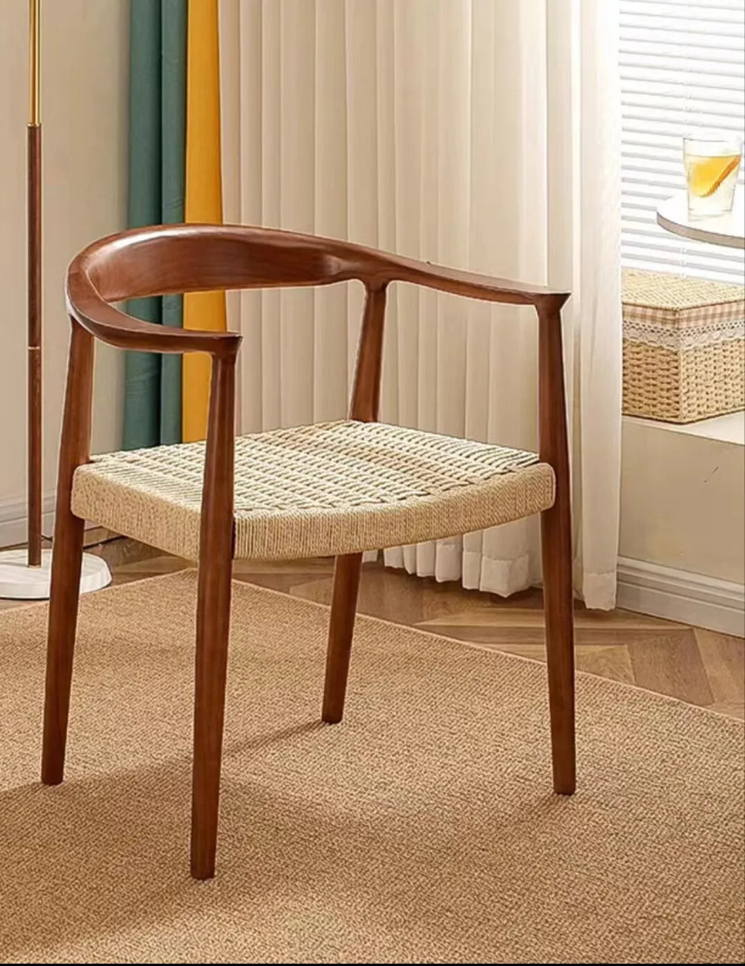 Wholesale Solid Natural Wood Color Restaurant Hotel Luxury Modern Rattan Dining Chair with Arms Wooden Dining Room Chairs