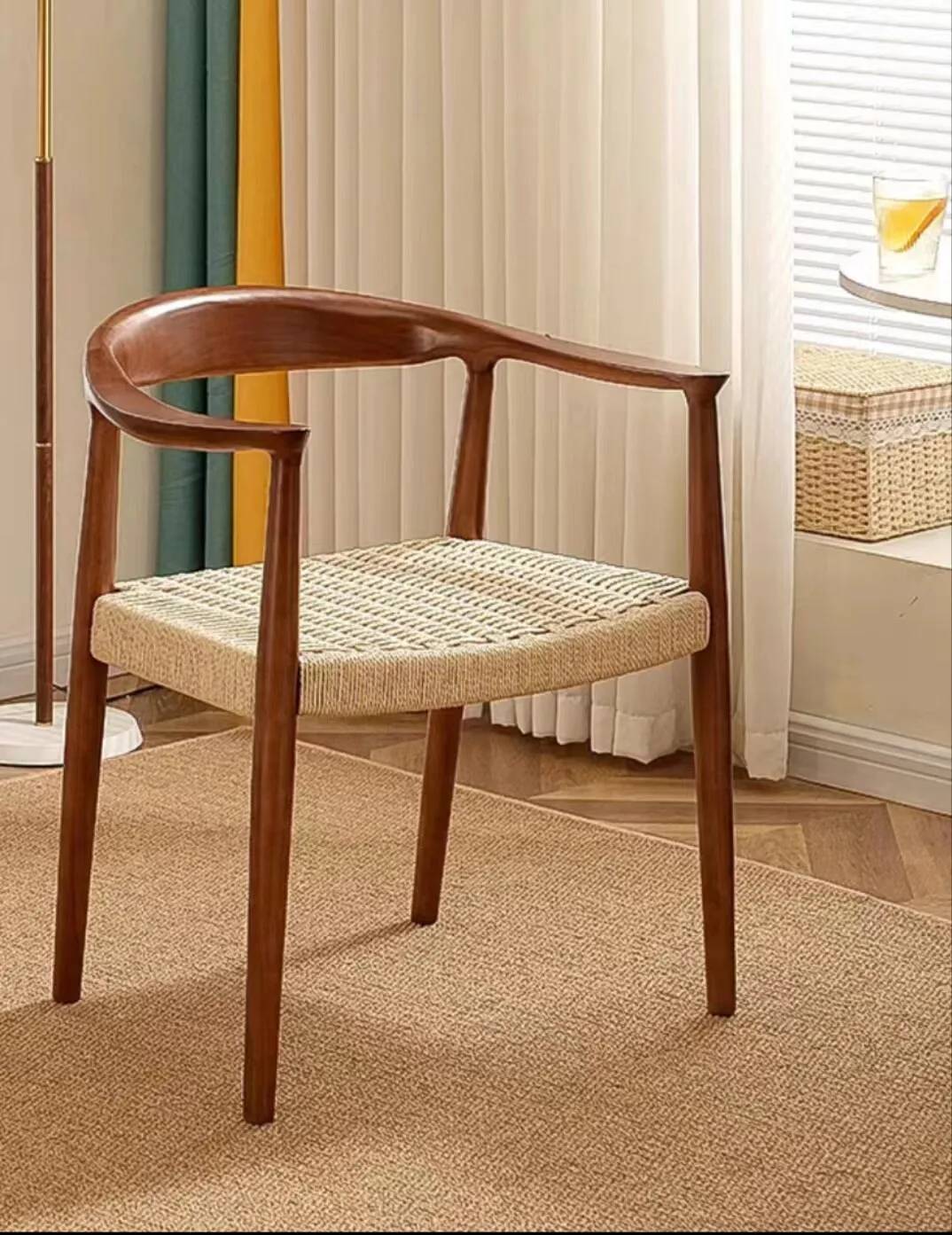 Wholesale Solid Natural Wood Color Restaurant Hotel Luxury Modern Rattan Dining Chair with Arms Wooden Dining Room Chairs