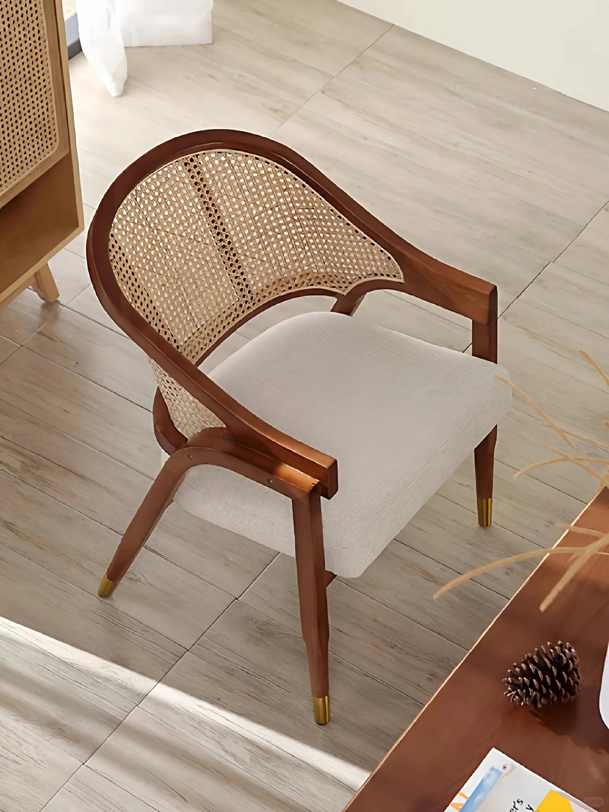 Nordic Retro Dining Chair Solid Wood Rattan Woven Chair Restaurant Casual Soft Bag Armchair Single Rattan Chair