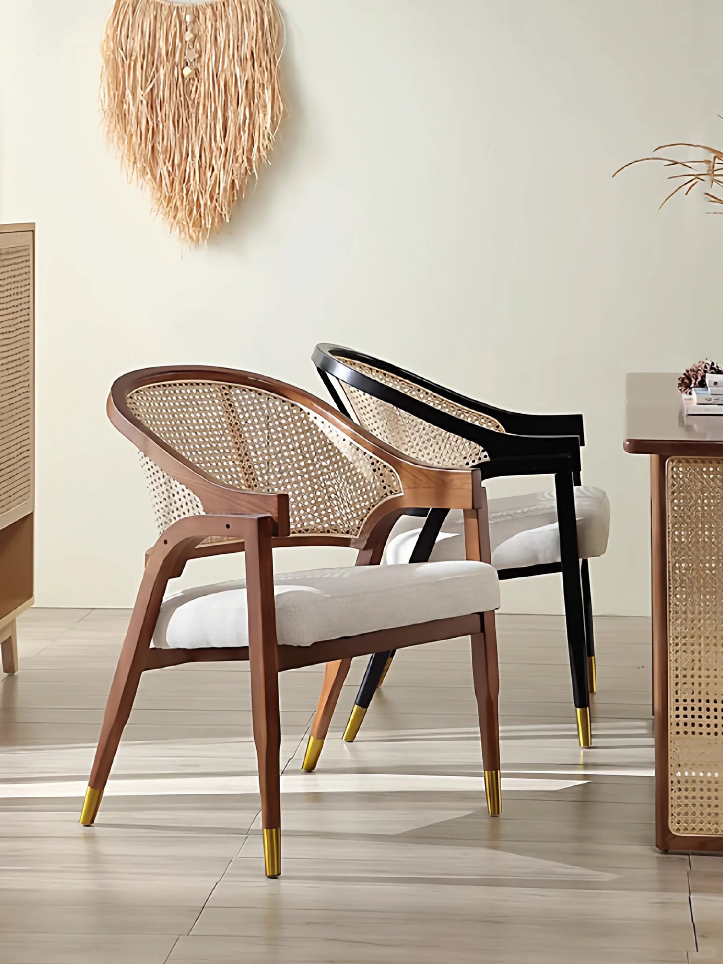 Nordic Retro Dining Chair Solid Wood Rattan Woven Chair Restaurant Casual Soft Bag Armchair Single Rattan Chair