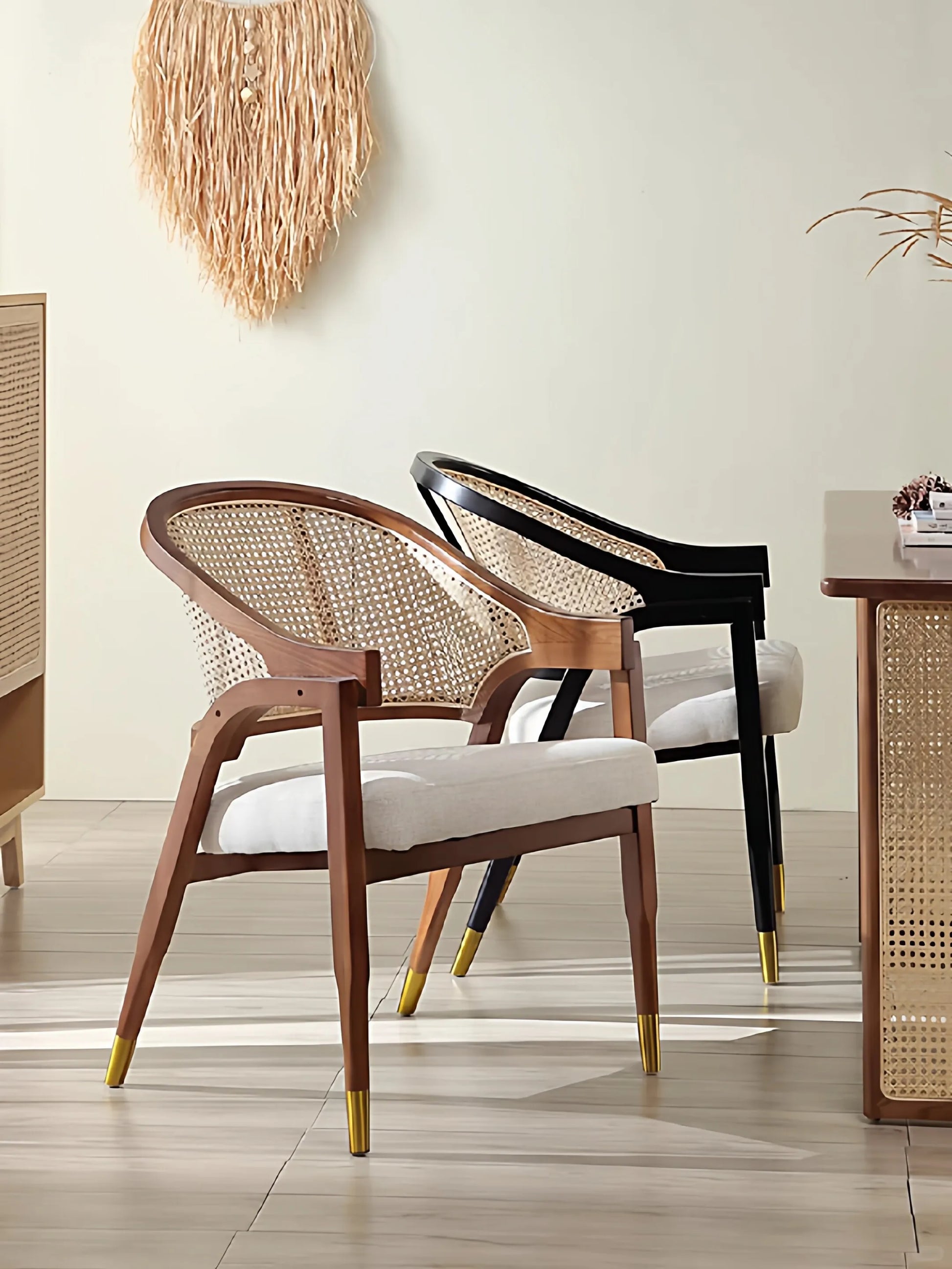 Nordic Retro Dining Chair Solid Wood Rattan Woven Chair Restaurant Casual Soft Bag Armchair Single Rattan Chair