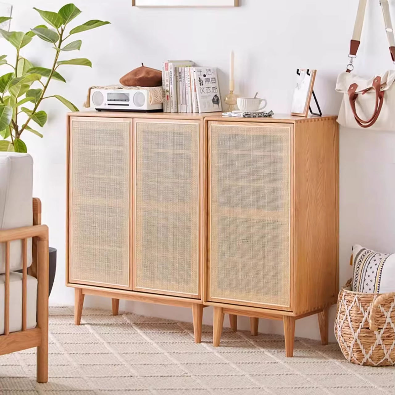 Household Entrance Shoe Cabinet, Solid Wood Rattan Storage Cabinet, Small Household Entrance Cabinet