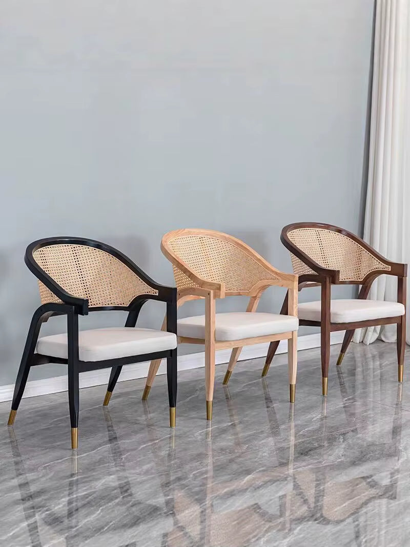 Nordic Retro Dining Chair Solid Wood Rattan Woven Chair Restaurant Casual Soft Bag Armchair Single Rattan Chair